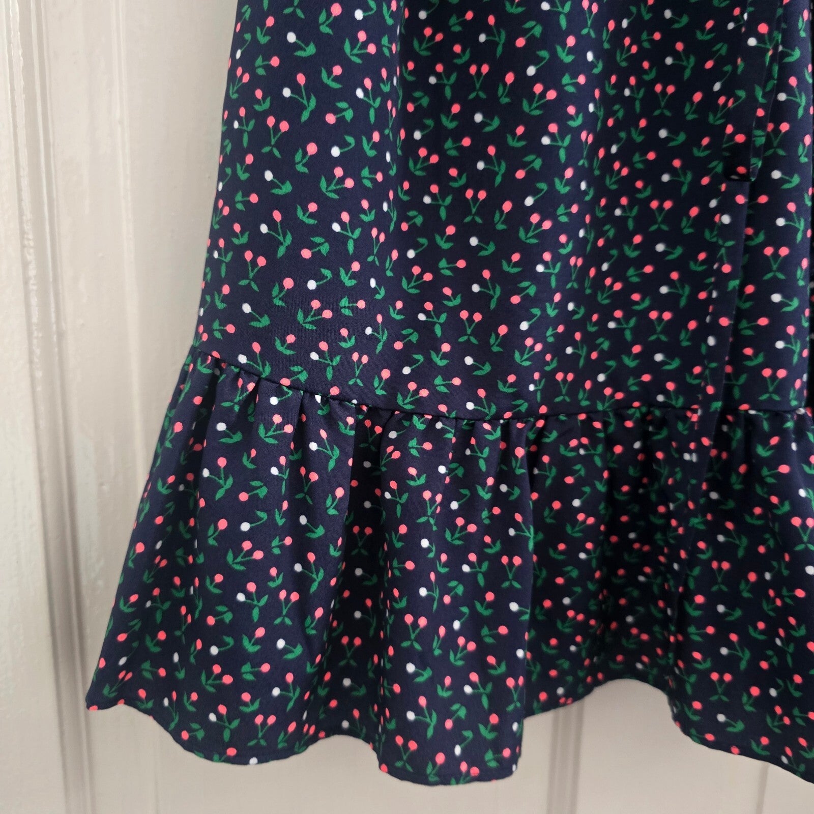Boden Cynthia Navy spotty cherry print lightweight ruffle hem mini dress, 14P