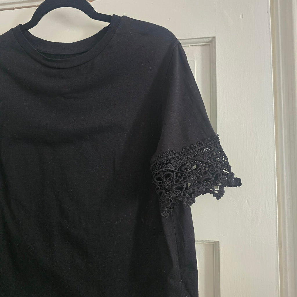 Coast Black Cotton Top with Lace Sleeve Detail UK 12, elegant, formal, smart