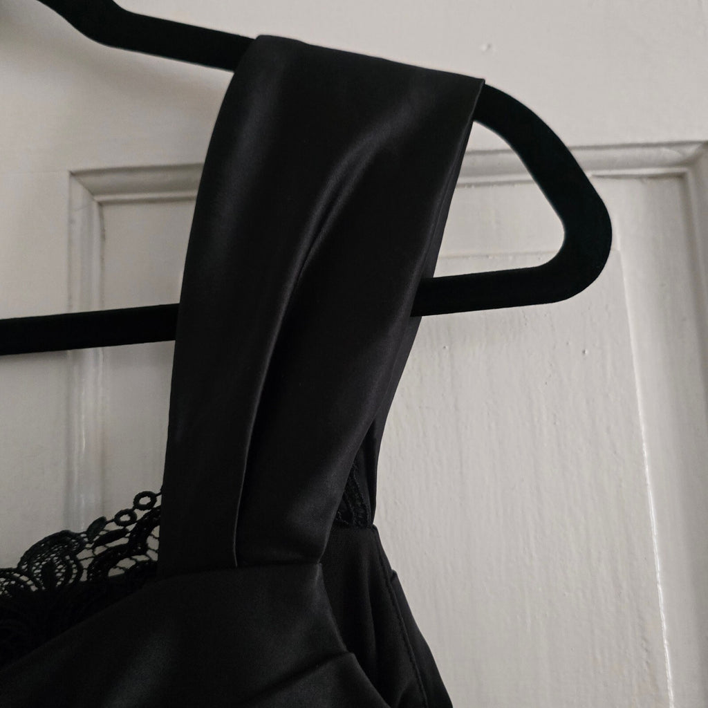Louis Chin Madgay Boutique Black Satin Ruched Party Midi Dress UK8 glam cocktail