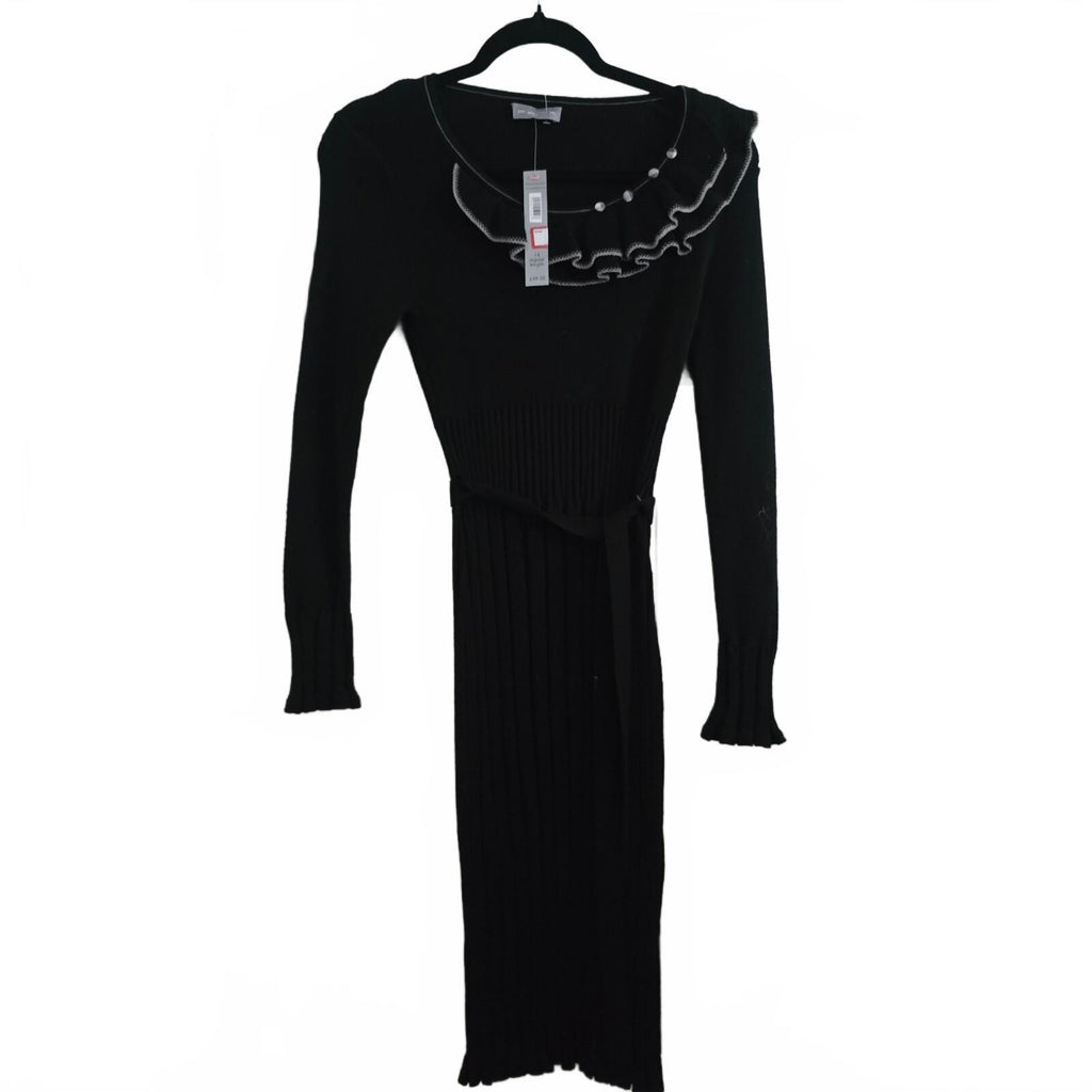 Per Una Black Ribbed Knit Midi Dress with Ruffled Collar and Belt, BNWT, size 14