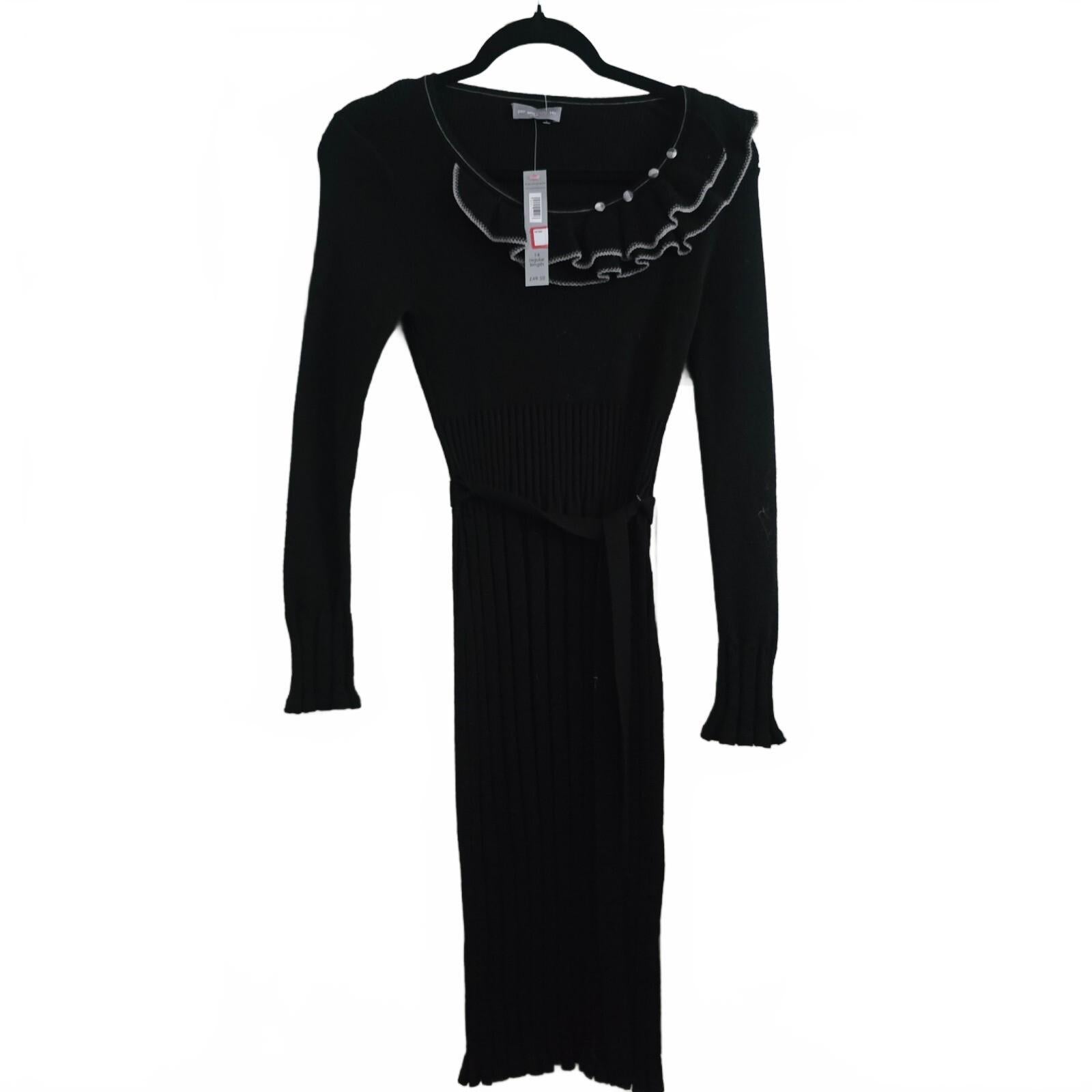 Per Una Black Ribbed Knit Midi Dress with Ruffled Collar and Belt, BNWT, size 14