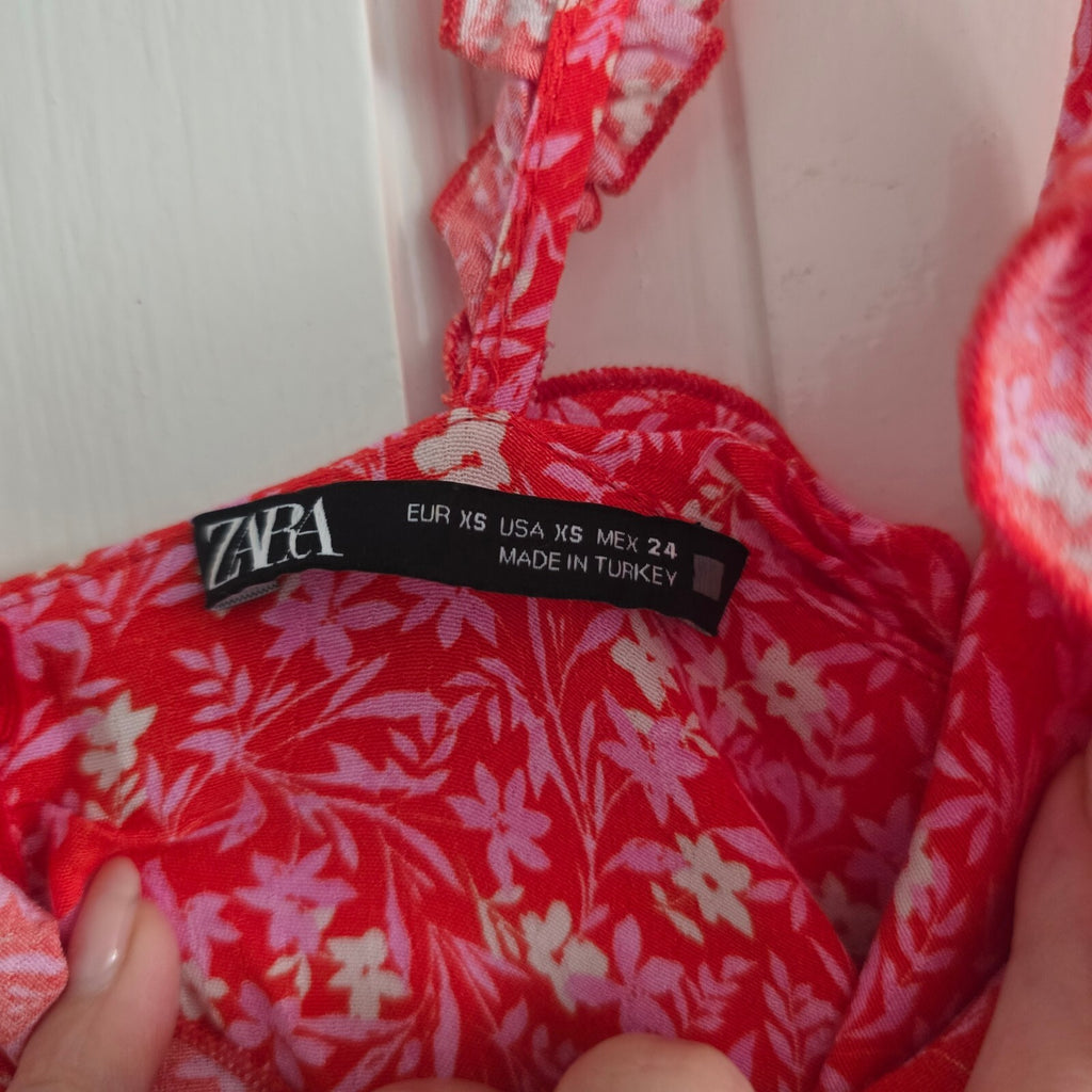 ZARA Red Floral Ruffle Strap Summer Mini Dress XS, cute, holiday, summer