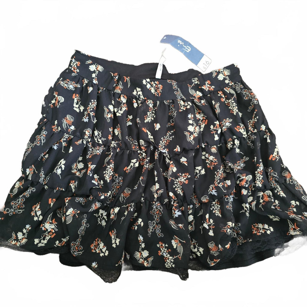 Evie Black Floral Tiered Mini Skirt with Lace Trim UK Size 10, BNWT, boho