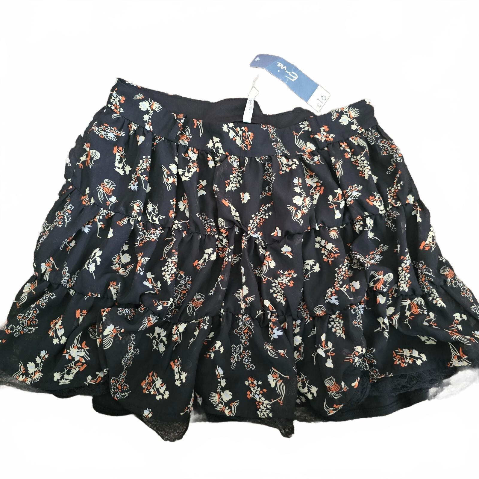 Evie Black Floral Tiered Mini Skirt with Lace Trim UK Size 10, BNWT, boho