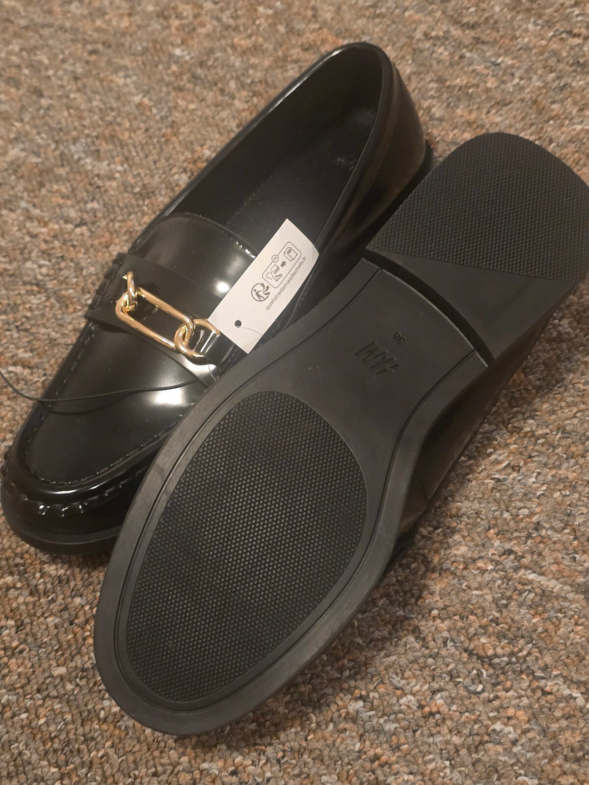 Black Patent Leather Loafers with Gold Chain Detail, bnwt, H&M Size 5, current