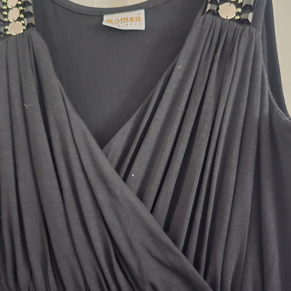 Roman Originals Black Jersey Wrap front boho Embellished Maxi Dress, size M