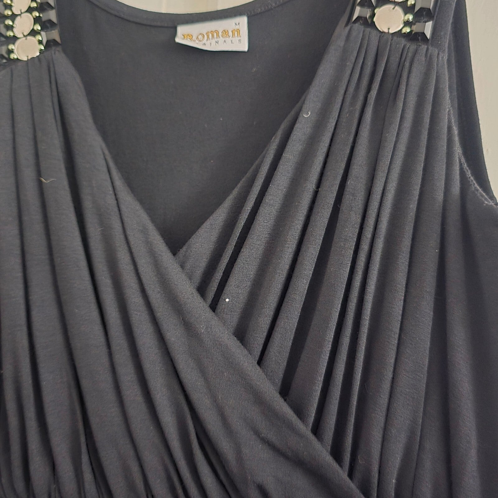 Roman Originals Black Jersey Wrap front boho Embellished Maxi Dress, size M