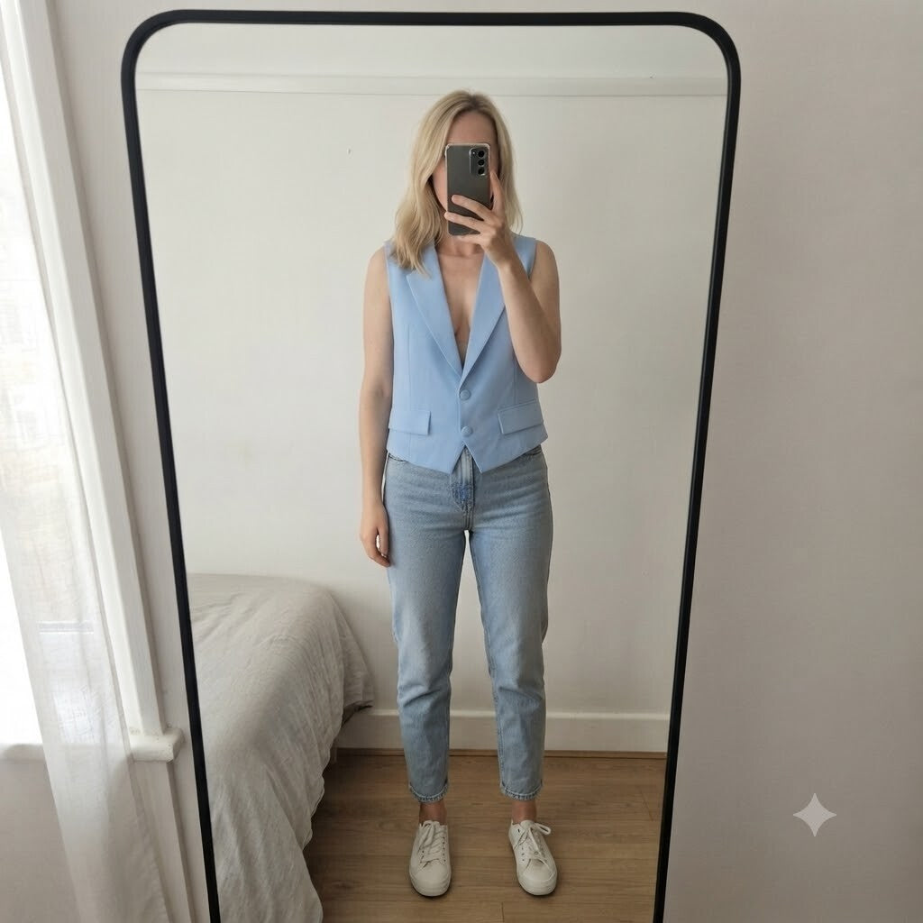 Boohoo BNWT, ladies pale blue fitted tailored sleeveless waistcoat, size 10