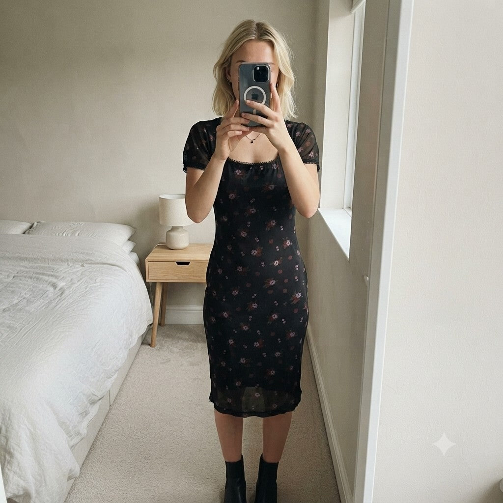 Daisy Street Black Floral Mesh Midi Dress UK 10, summer, festival, holiday boho