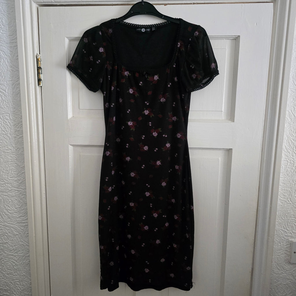 Daisy Street Black Floral Mesh Midi Dress UK 10, summer, festival, holiday boho