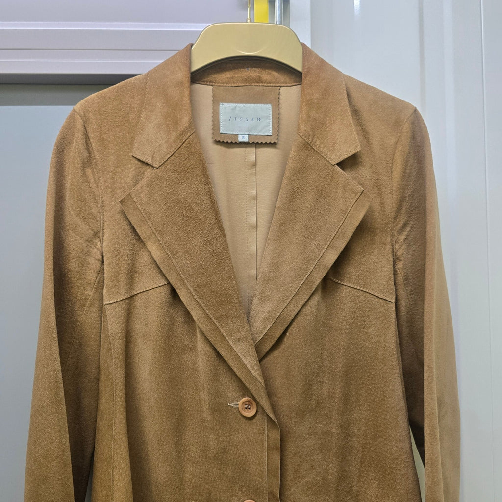 Jigsaw Tan Suede Leather Long Blazer Coat, Vintage, Luxury, Size 8