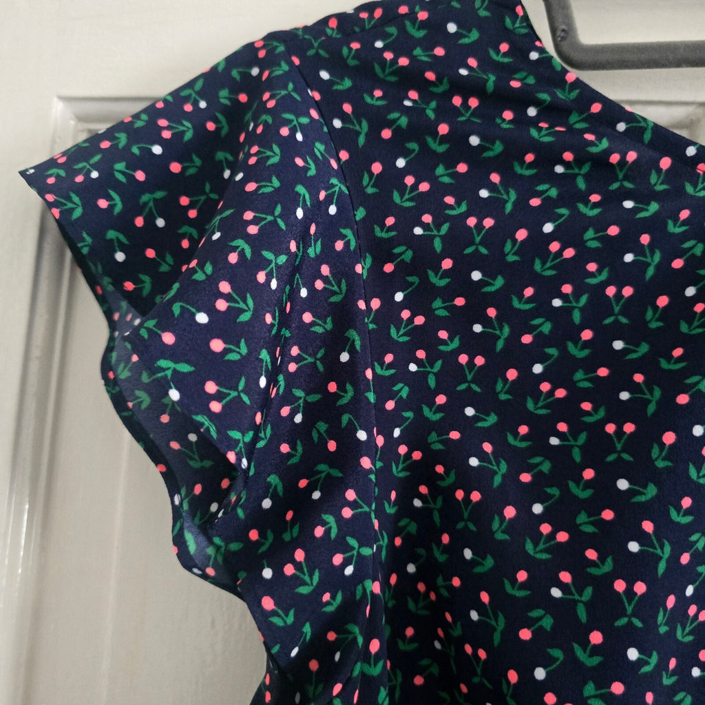 Boden Cynthia Navy spotty cherry print lightweight ruffle hem mini dress, 14P
