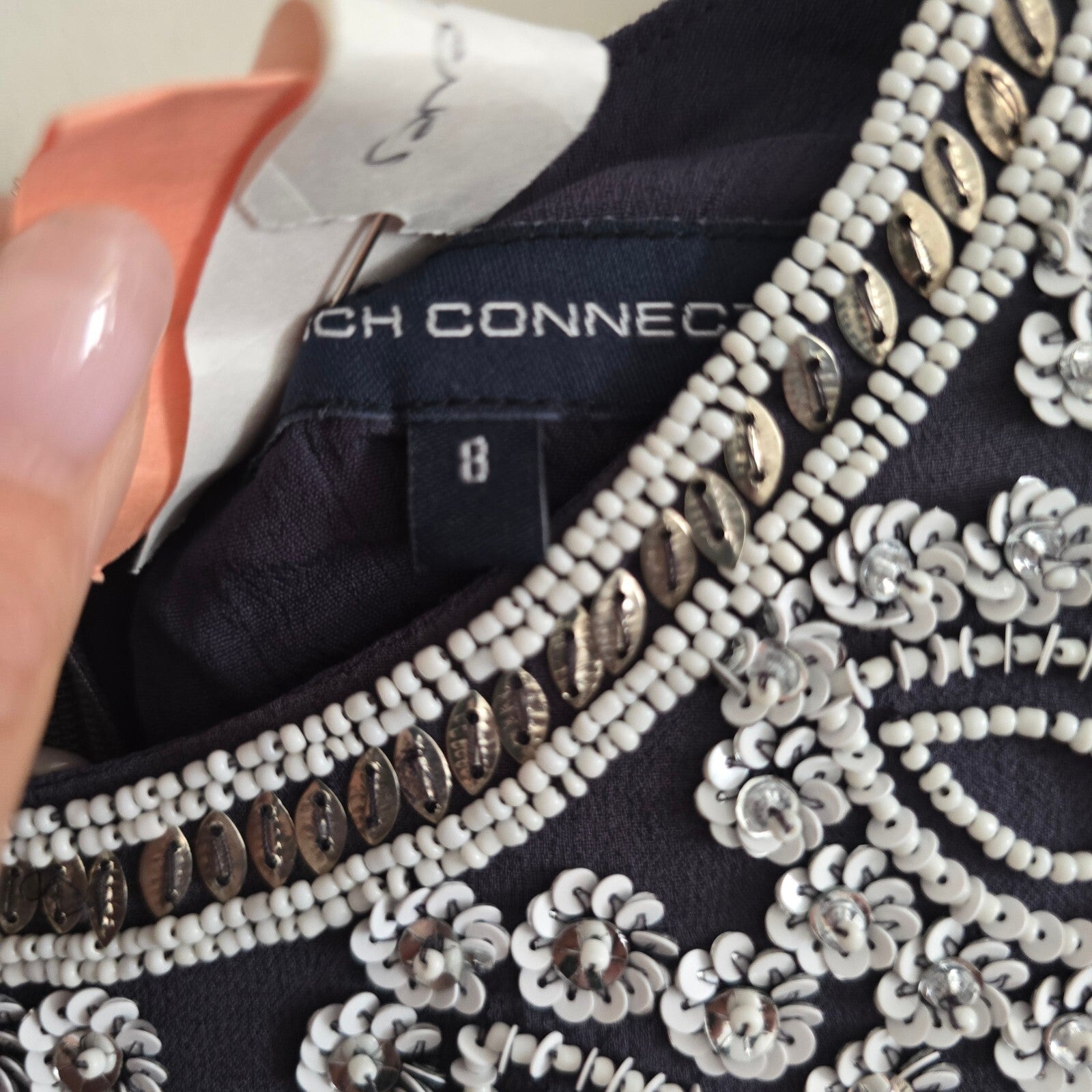 French Connection Embellished Navy Dress Size 8, sheer sleeves, tunic style