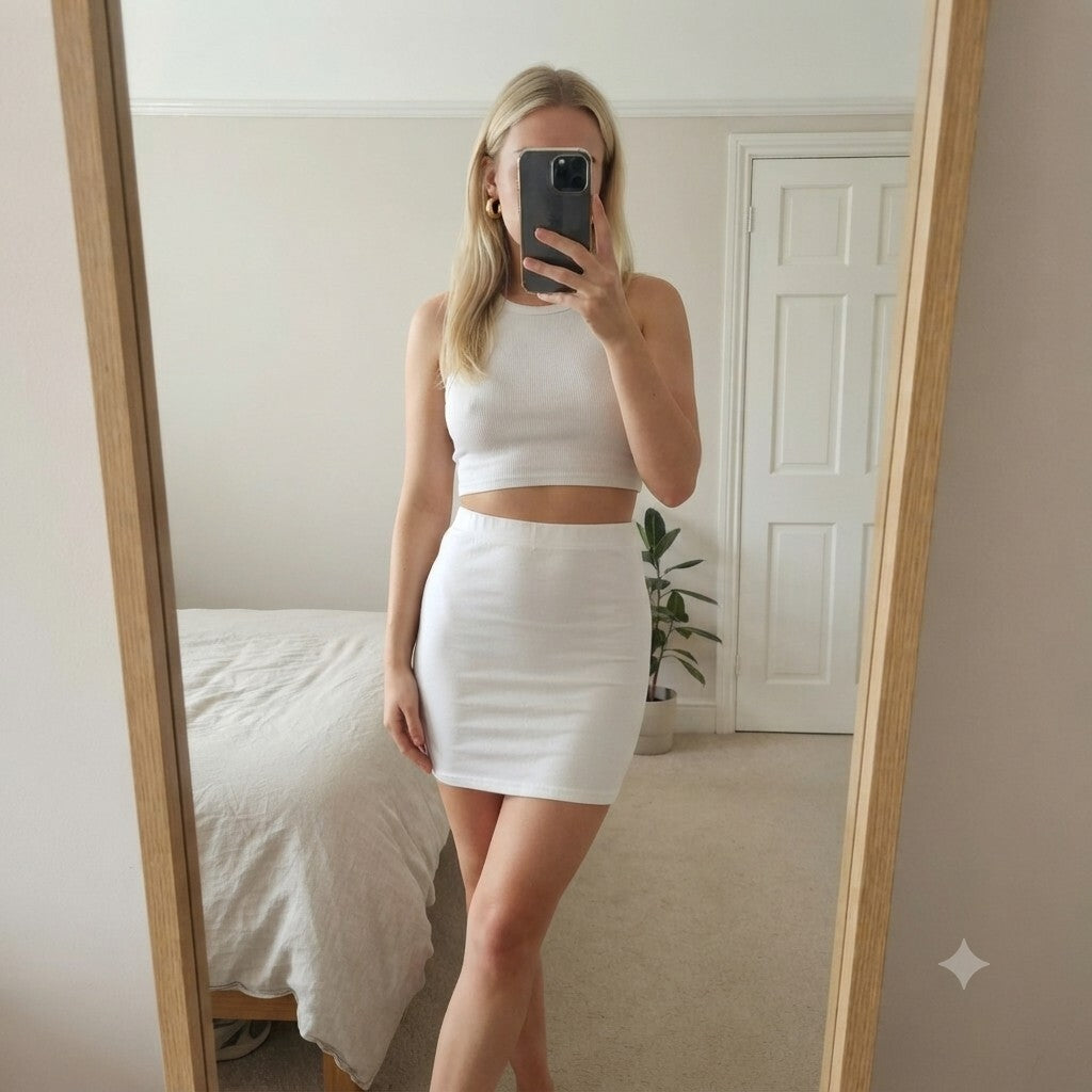 White Cotton Lycra Stretch Bodycon Mini tube Skirt, size S