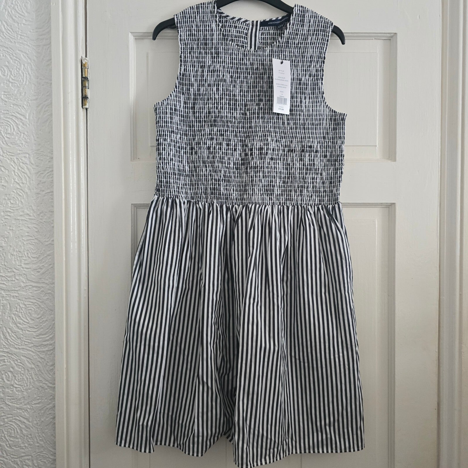 French Connection BNWT Black and White Striped Sleeveless Shirred Dress Size 12