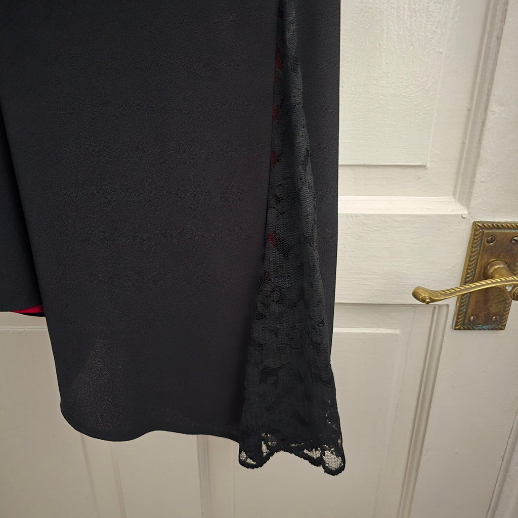 Roman Originals Black V-Neck Midi Dress with Red Lining and Lace Detail Size 12