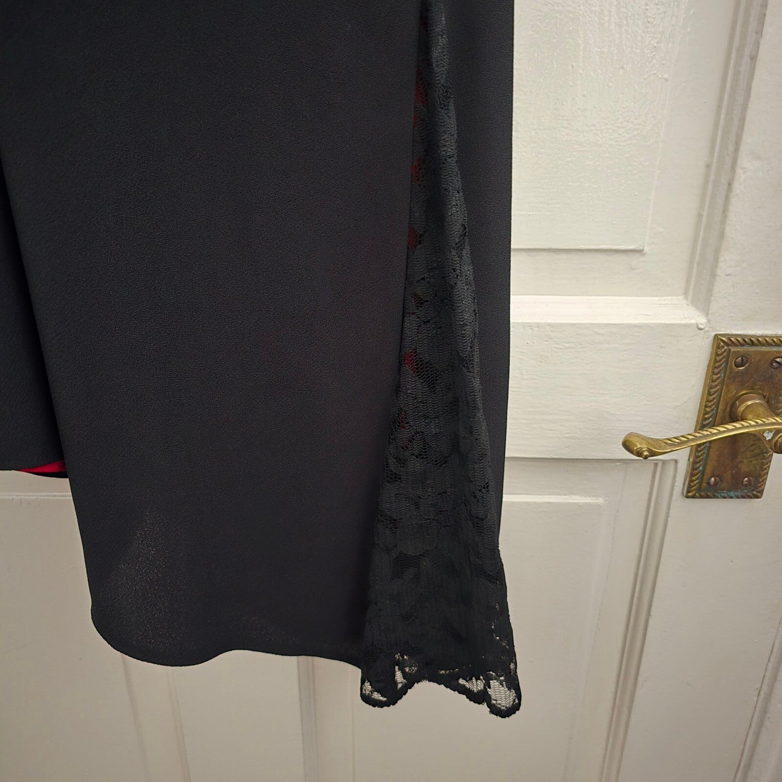 Roman Originals Black V-Neck Midi Dress with Red Lining and Lace Detail Size 12