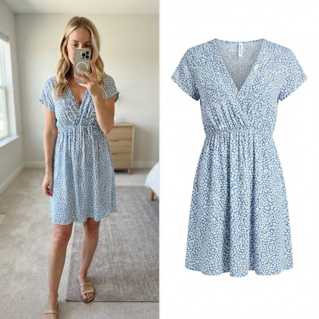 Blue Floral Viscose Wrap Dress with Elastic Waist, size S, lightweight floaty
