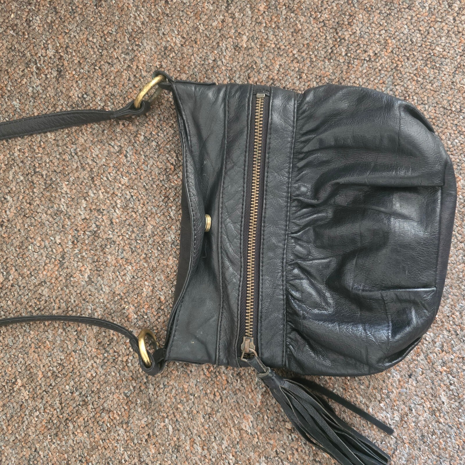 Warehouse Small Black Leather Crossbody Bag with Tassel Detail