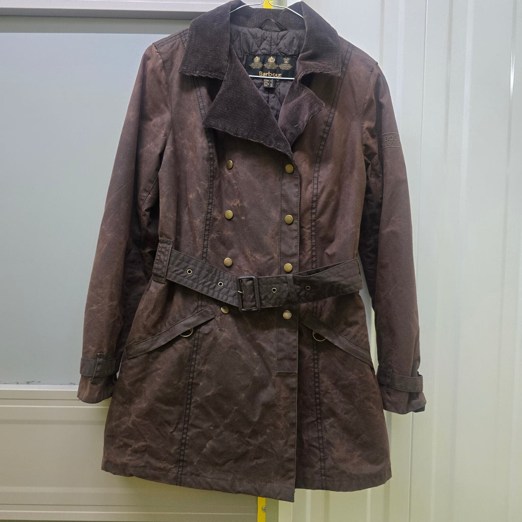 Barbour International Waxed Cotton Belted Trench Jacket Brown Size 8