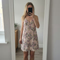 Floral print mini dress with open back detail, great for hol, summer, size 8