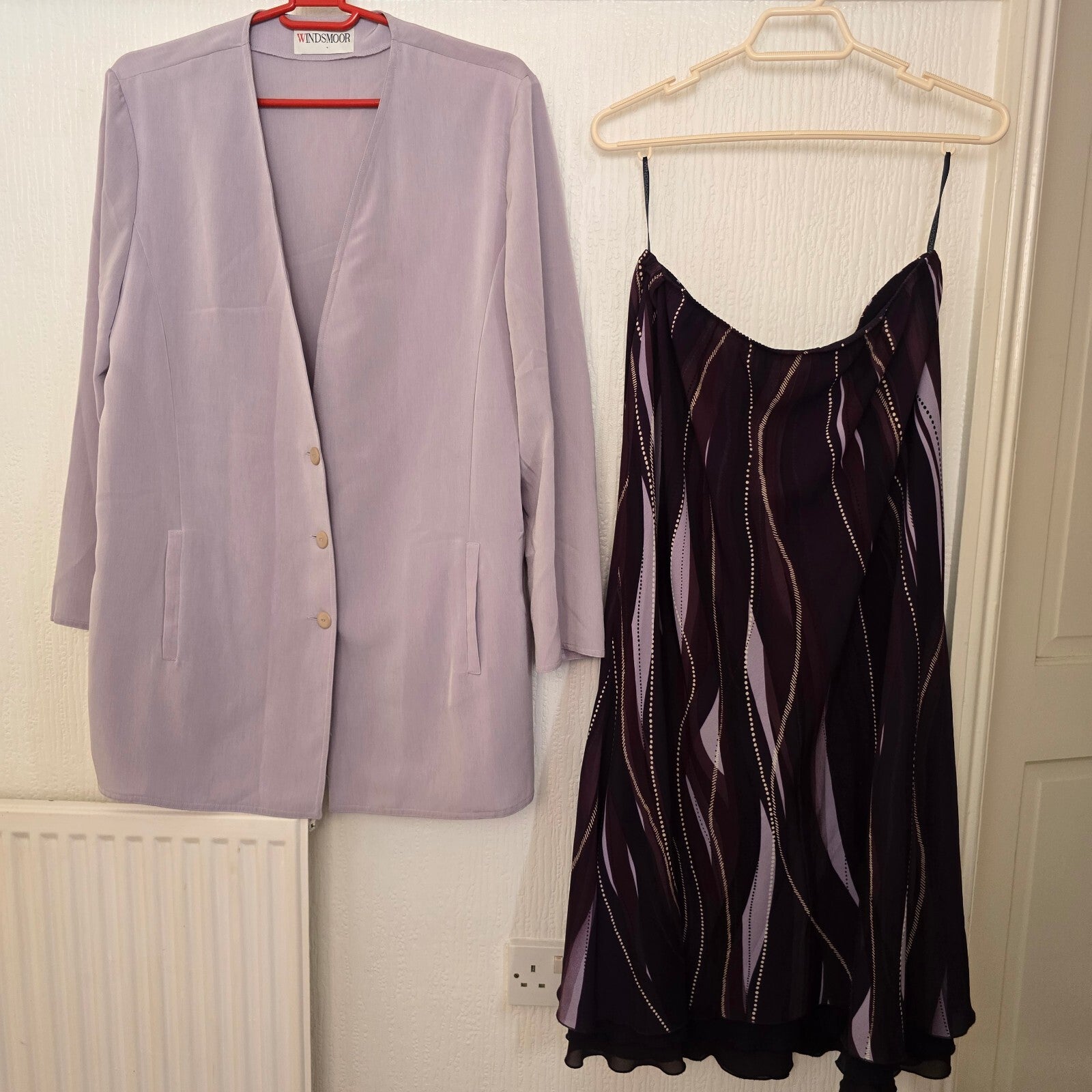 Windsmoor Lilac V-Neck Button Blazer, Purple Patterned Slip Skirt Suit Set coord