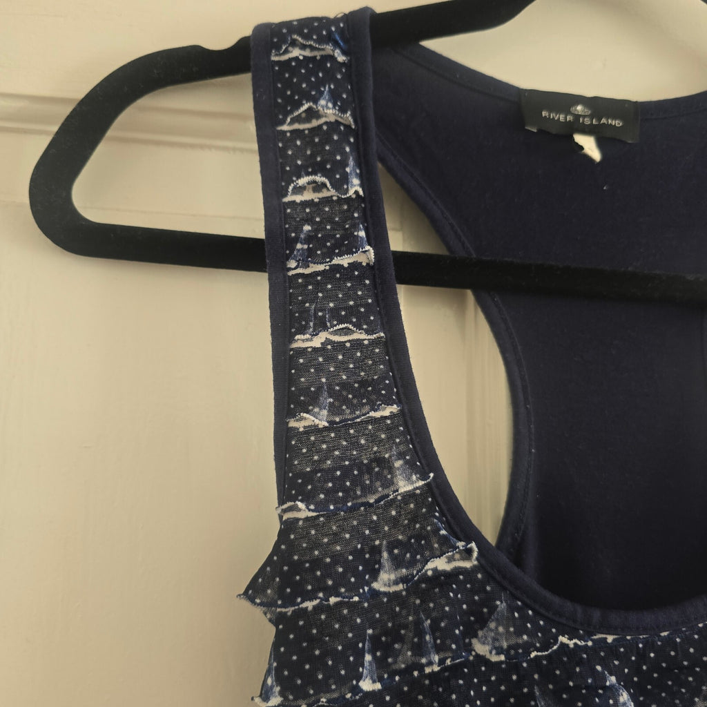 River Island Navy Blue Polka Dot Ruffle Racerback Tank Top Size 8, y2k