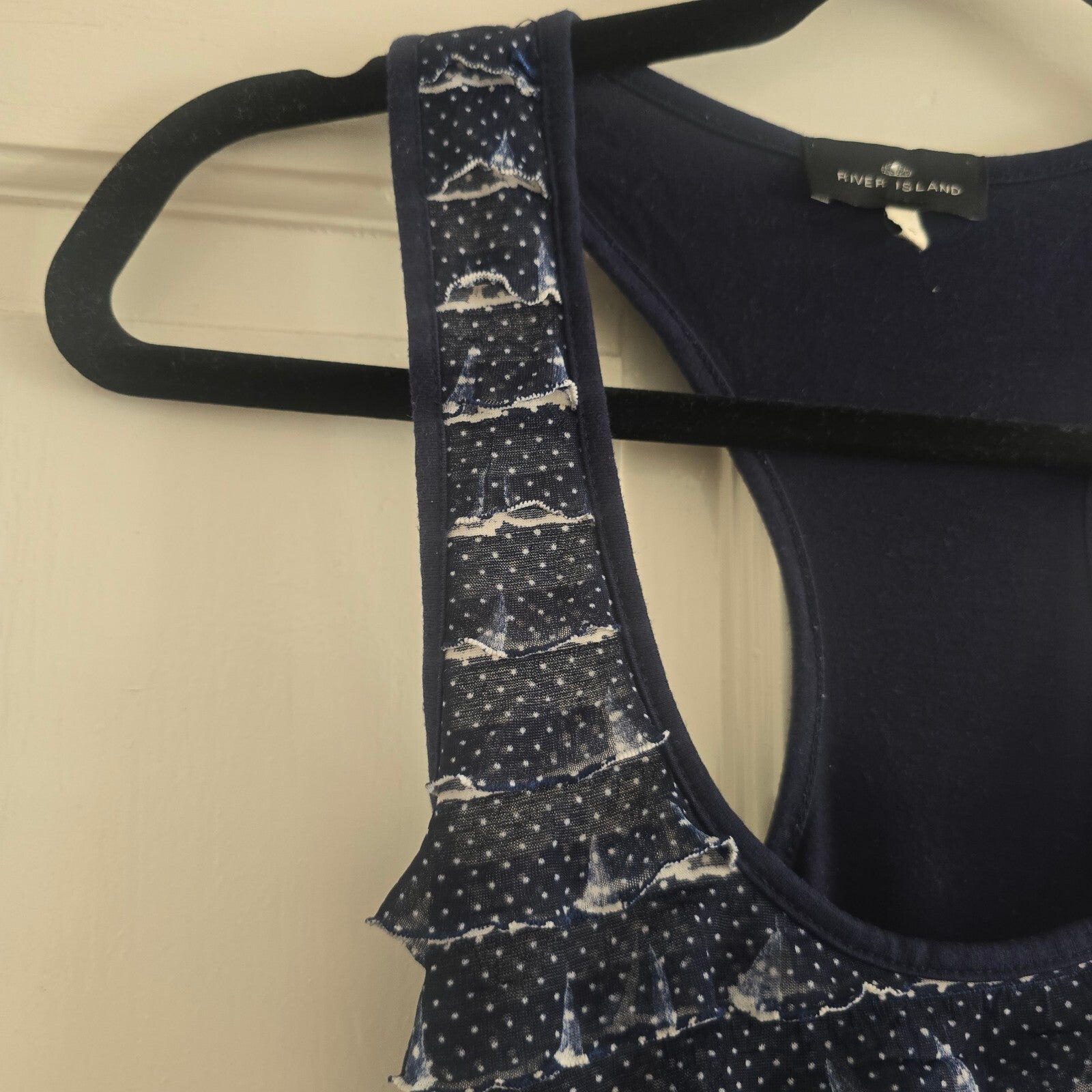 River Island Navy Blue Polka Dot Ruffle Racerback Tank Top Size 8, y2k
