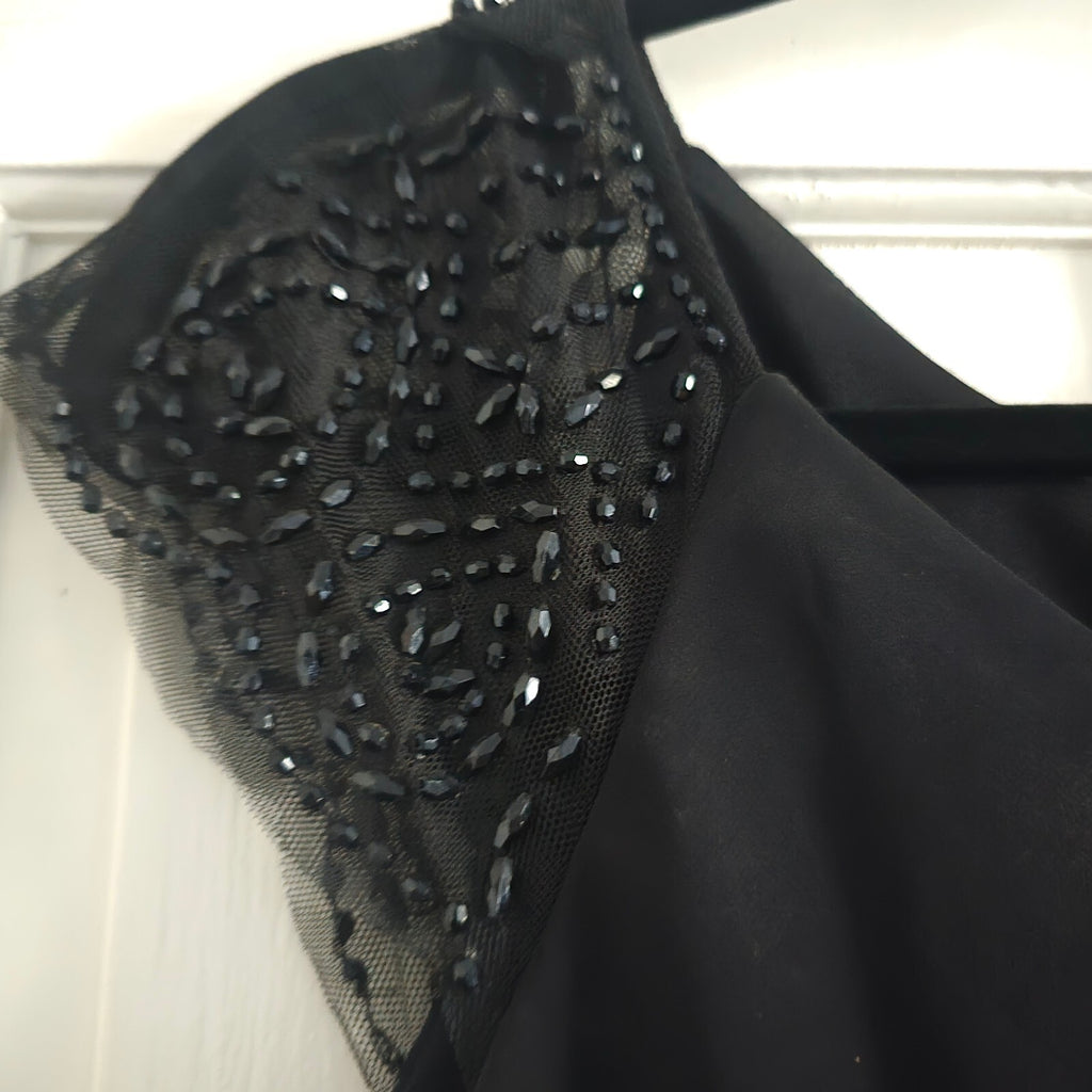 Black Tiered Ruffle Dress with Beaded Lace Cap Sleeves UK Size 12, BNWT