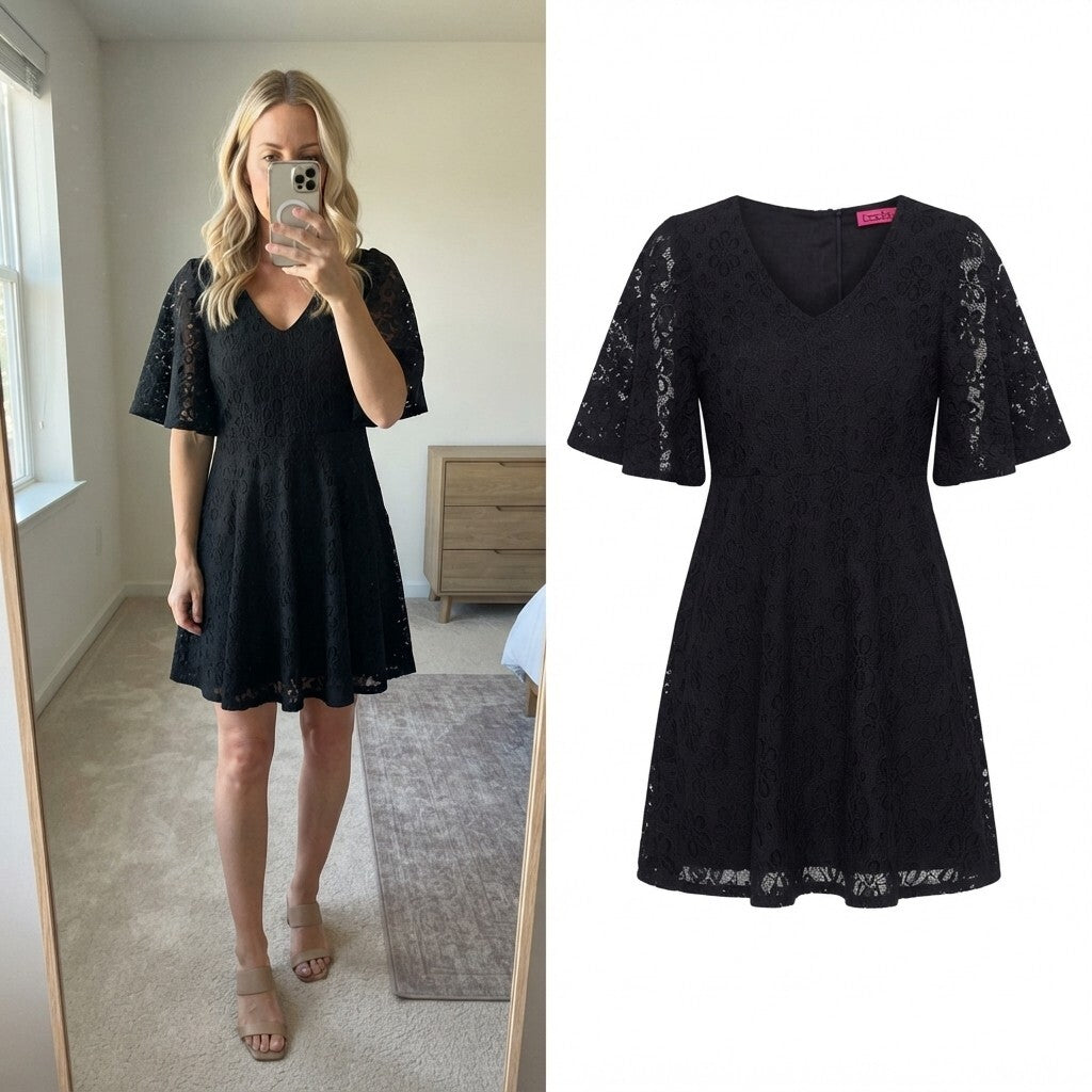 Boohoo Black Lace Fit & Flare Dress UK 10, mini length, floaty
