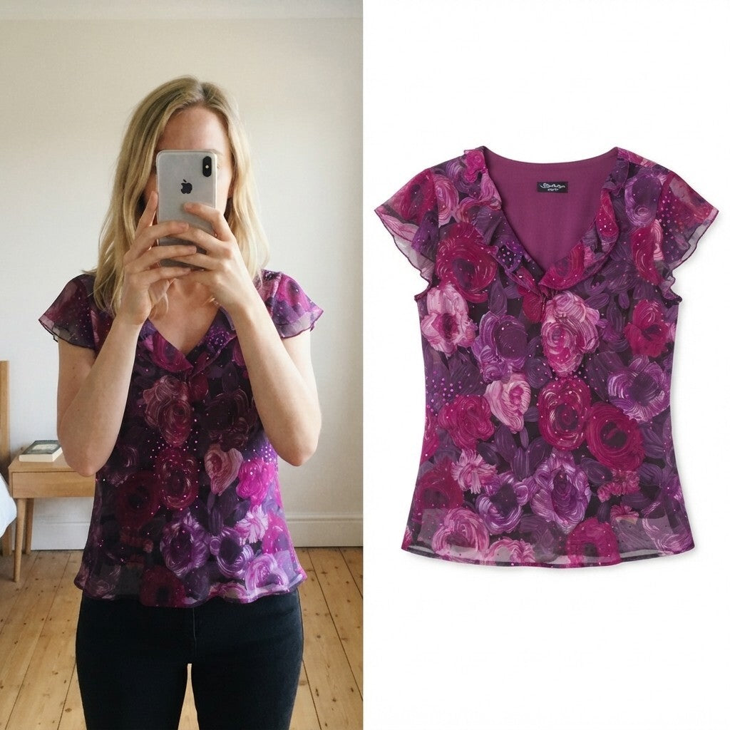 Berkertex Petite Floral Sheer Ruffle Sleeve Top Size 12, lightweight, vintage