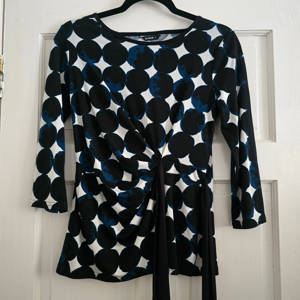 Roman Women's Black and Blue Polka Dot Knot Front Top Tie side Size 10, stretch