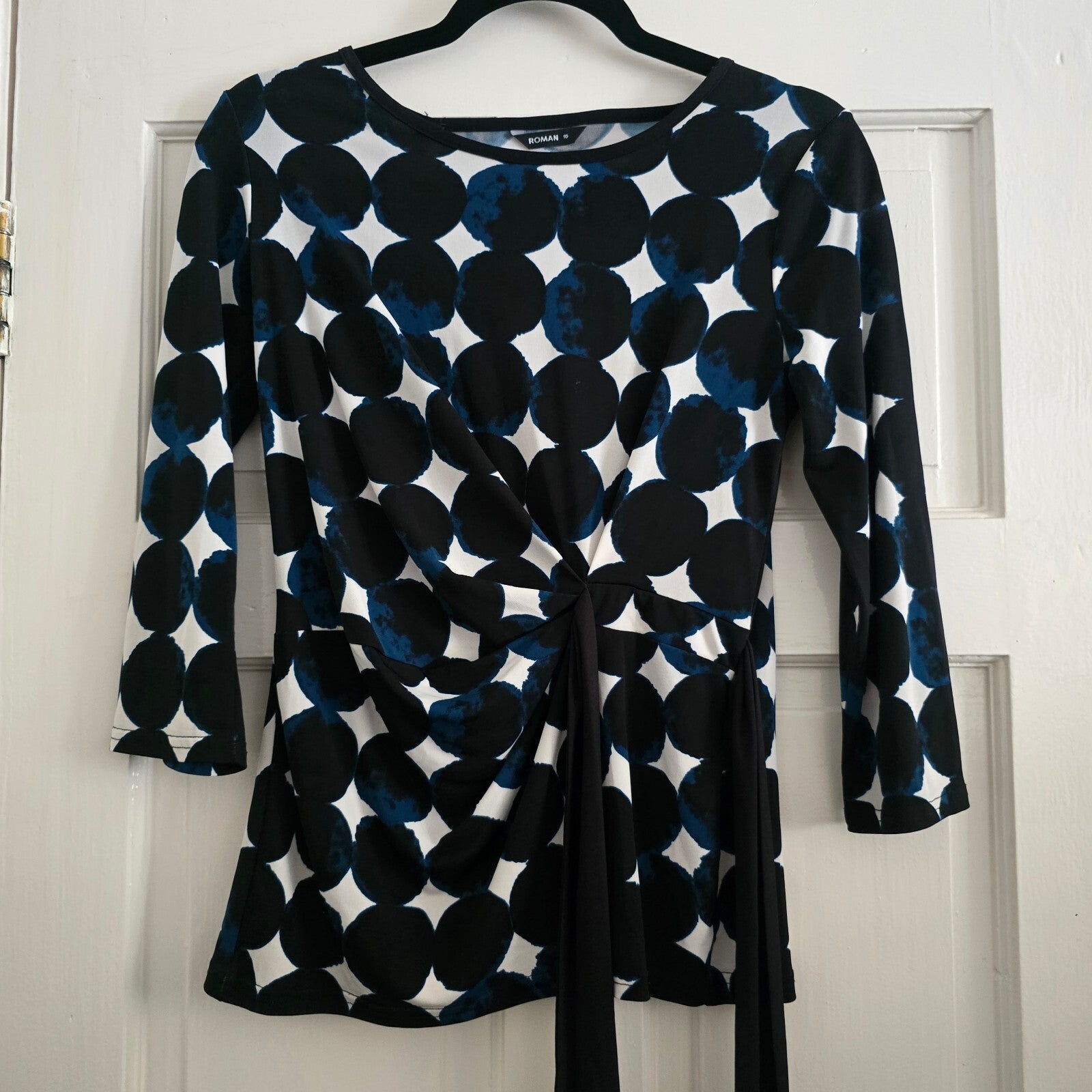 Roman Women's Black and Blue Polka Dot Knot Front Top Tie side Size 10, stretch