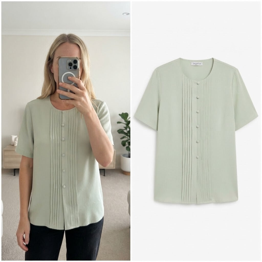 Jacques Vert Light Green Pleated Front Short Sleeve Blouse, thin jacket UK 12