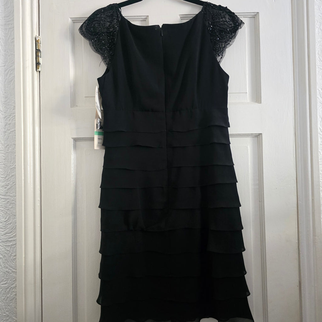 Black Tiered Ruffle Dress with Beaded Lace Cap Sleeves UK Size 12, BNWT