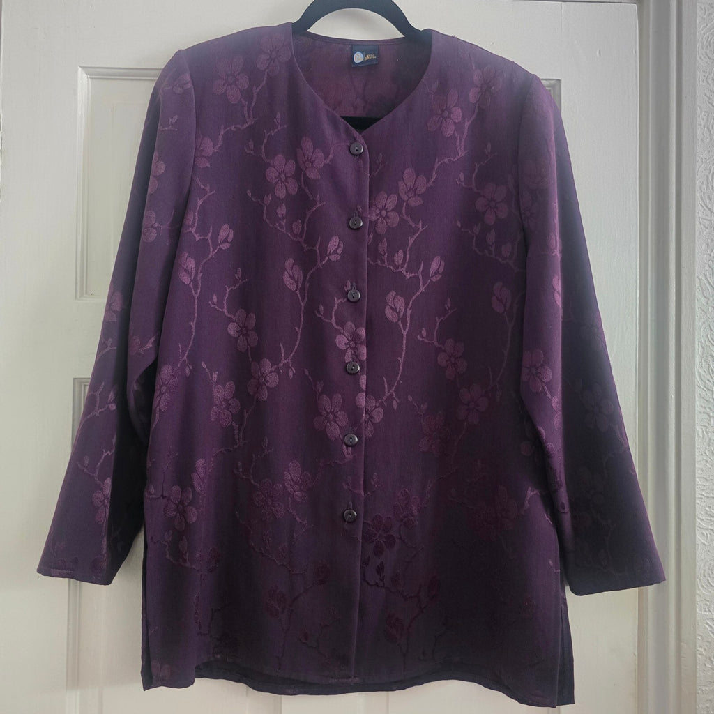 Elegant Purple Floral Jacquard Two-Piece Skirt Button-Up Blouse Suit Set Coord