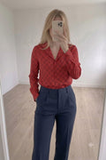 Eterna Red Patterned Cotton Long Sleeve Shirt Blouse, size L, satin feel