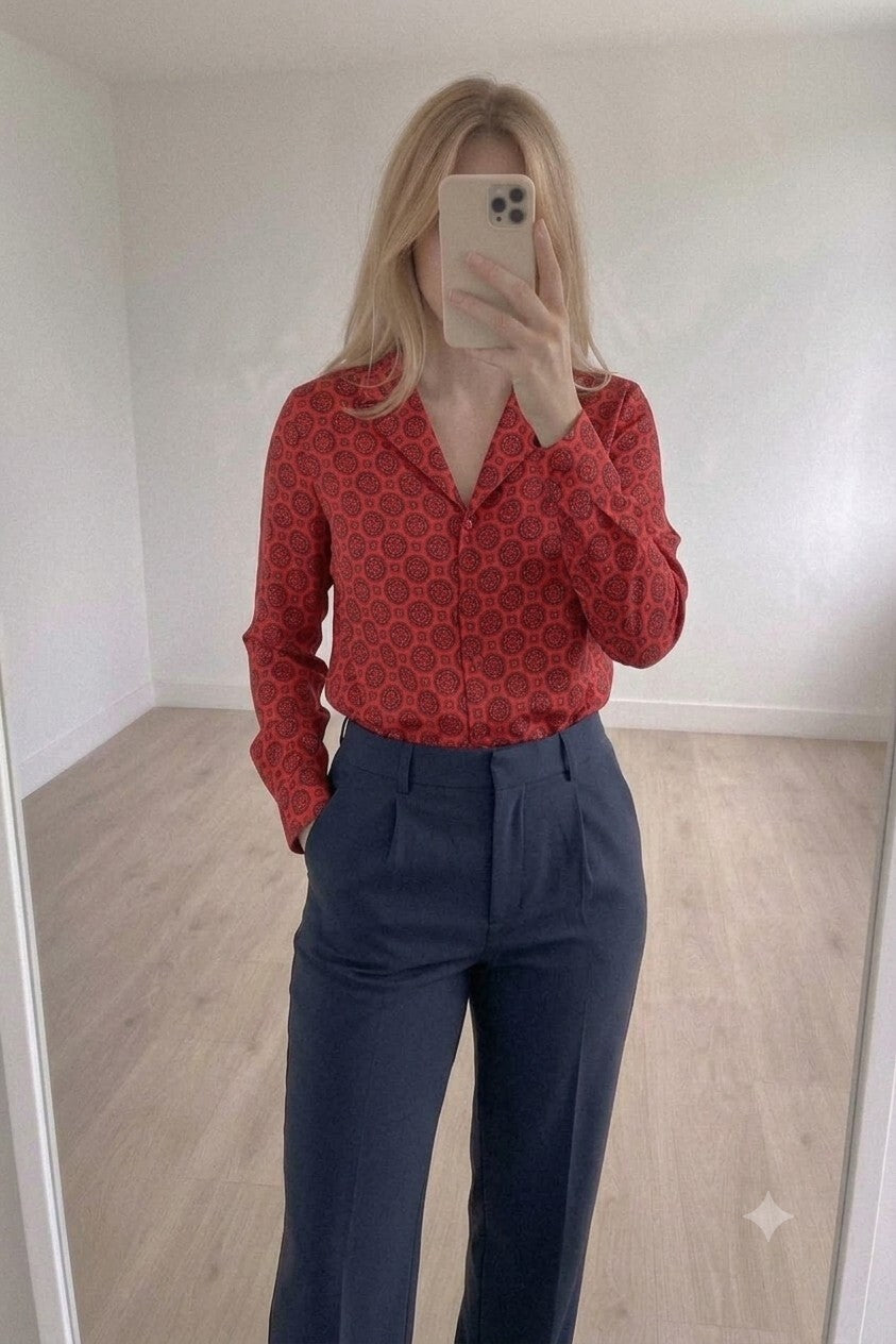 Eterna Red Patterned Cotton Long Sleeve Shirt Blouse, size L, satin feel