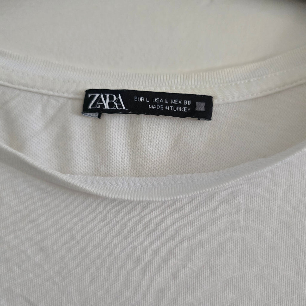 Zara White Cotton Short Sleeve T-Shirt, Size L, relaxed fit