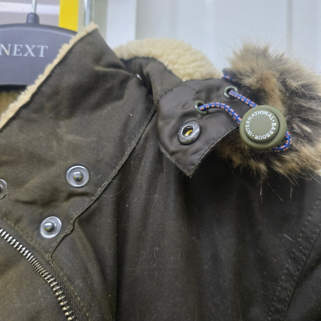 Barbour Caribena Waxed Cotton Jacket, Sherpa Lining, Faux Fur Hood Trim, size 8