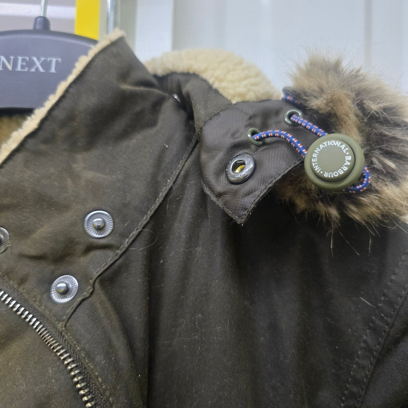 Barbour Caribena Waxed Cotton Jacket, Sherpa Lining, Faux Fur Hood Trim, size 8