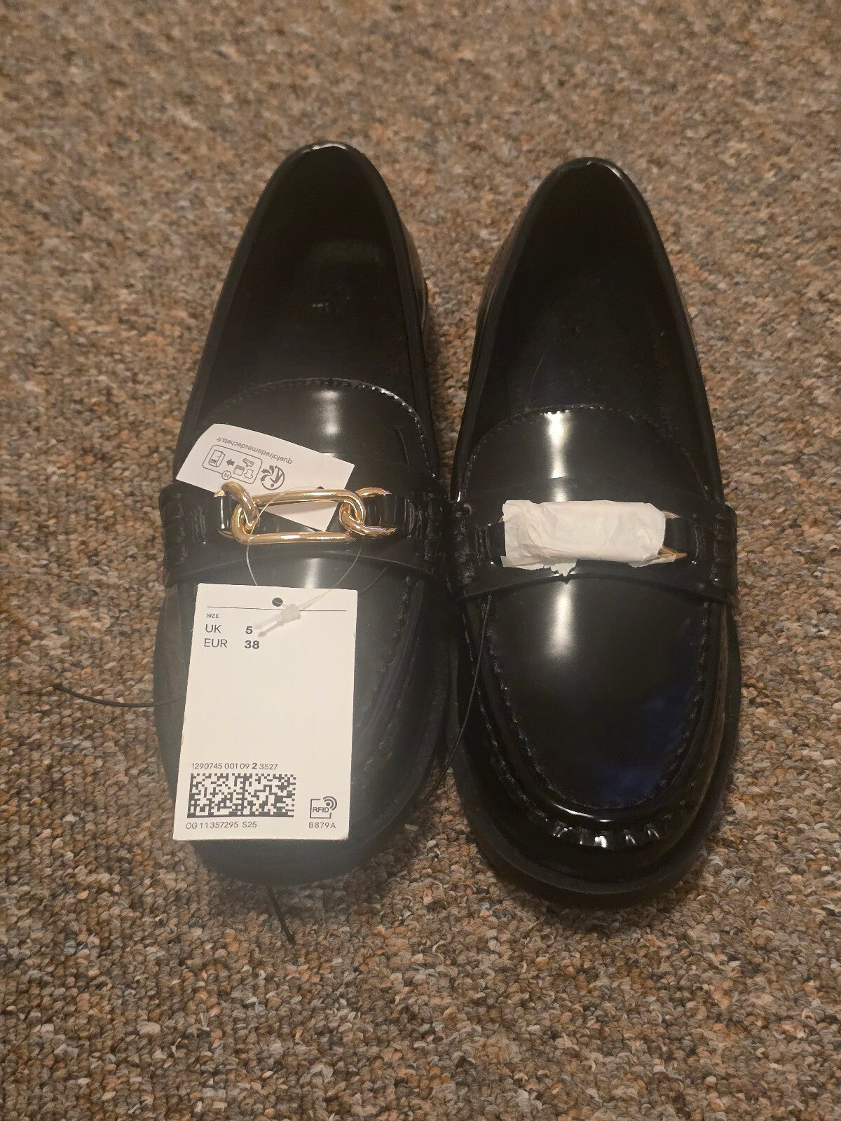 Black Patent Leather Loafers with Gold Chain Detail, bnwt, H&M Size 5, current