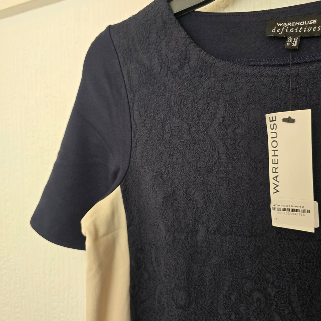 Warehouse Definitives Navy and Cream Panelled Dress UK 12 BNWT jersey short