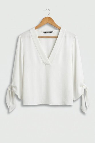 Zara Basic White V-Neck Blouse with Tie Sleeves - Size Small