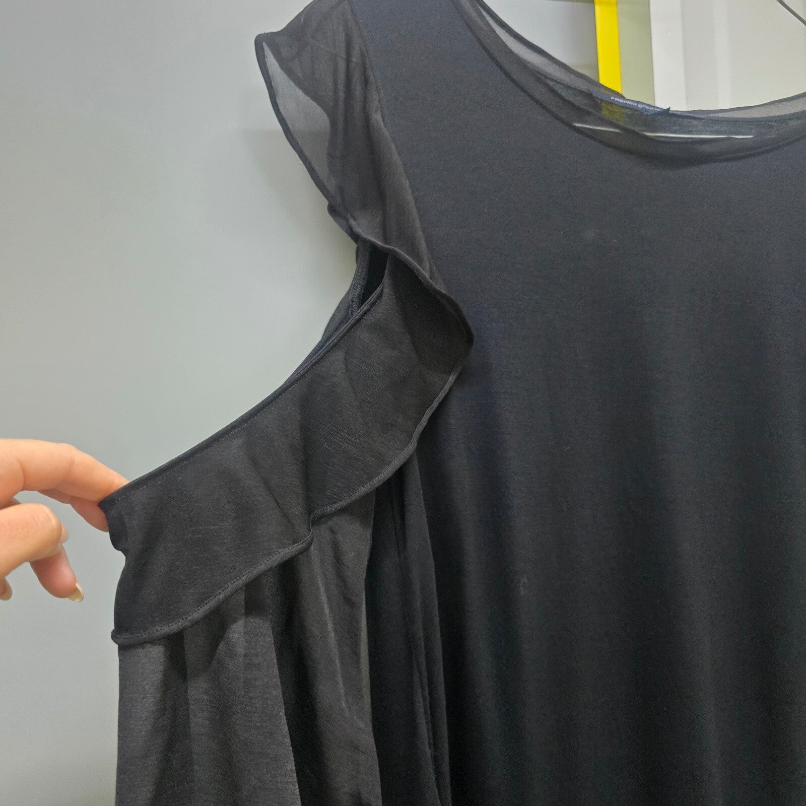 French Connection Black Sheer Ruffle Sleeve Top XS, cold shoulder