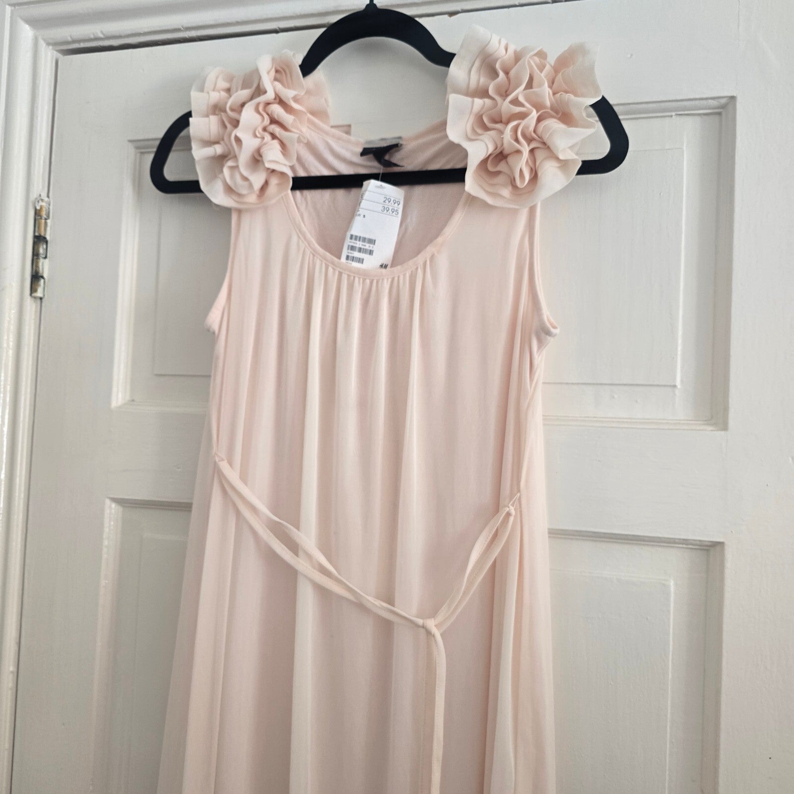 H&M Sleeveless Maxi Dress with Ruffle Shoulder Detail in Soft Pink, Size S, BNWT