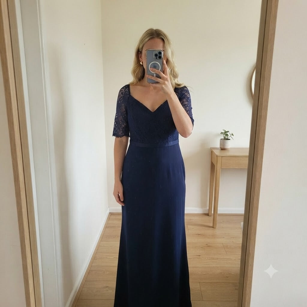 Little Mistress Navy Lace Evening Dress with Half Sleeves, BNWT, size 16