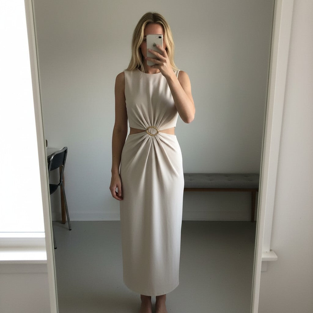 ZARA Elegant Sleeveless Dress with Gold Buckle and cut out Detail, Size L