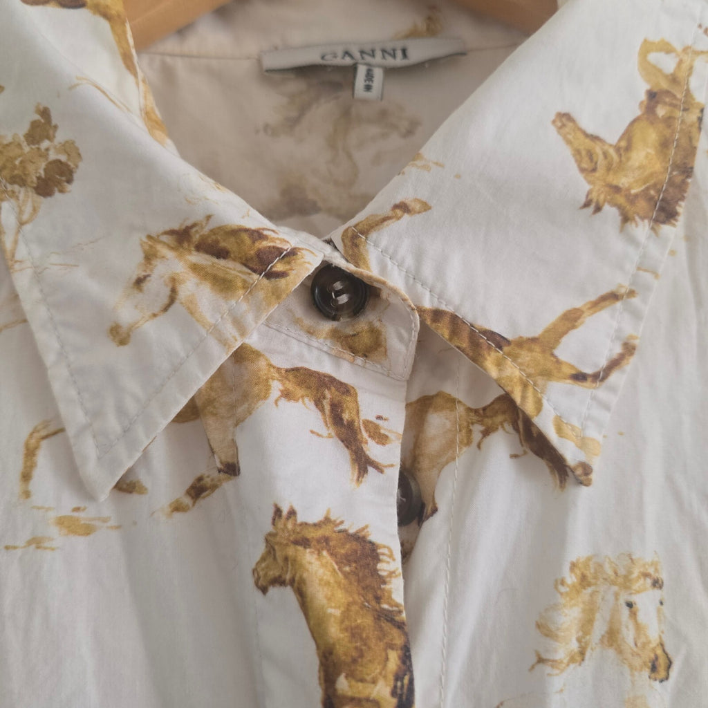 Ganni Horse Print Puff-Sleeve Tie-Front Shirt - Size 34 (UK 6/8), sold out, rare