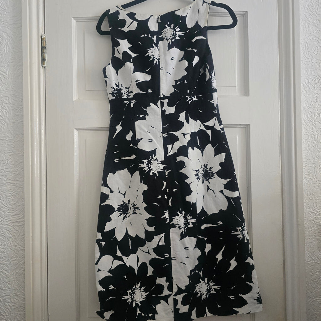 Laura Ashley Black and White Floral Sleeveless Dress UK 8, linen mix, lined
